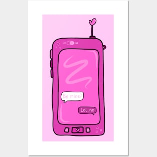 Text Conversation Speech Bubbles on Retro Pink Cell Phone that says “Be Mine?” With “Lol, no” replied, made by EndlessEmporium Posters and Art